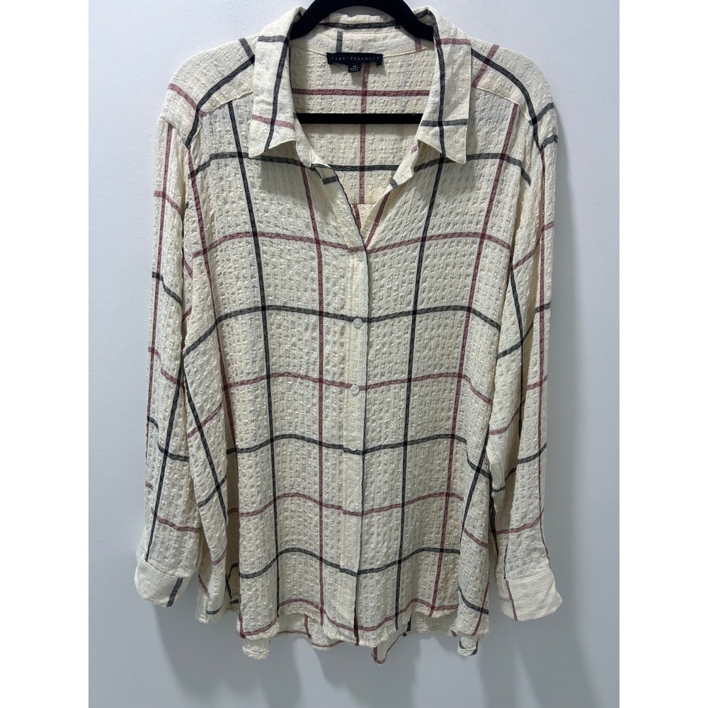 Jane + Delancey Womens 1X Windowpane Plaid Roll Tab Sleeve Button Down Shirt